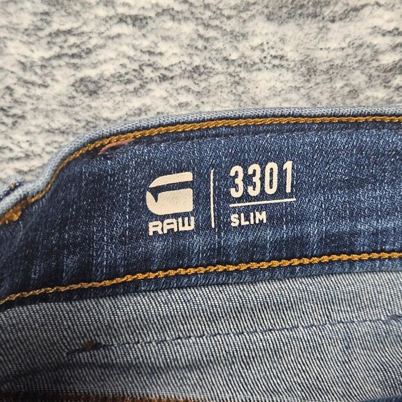 G Star Raw Jeans Mens 31x30 Blue Denim Slim Button Fly Light Wash Stretch 3301 - Picture 4 of 15